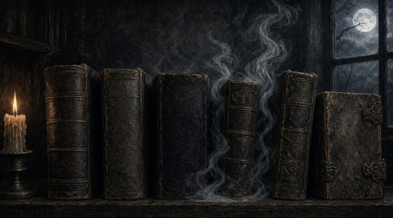 Old leather-bound books on a candlelit shelf with ghostly mist curling between them under a full moon.