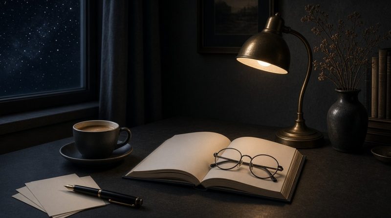 An open book with reading glasses, coffee and a fountain pen on a lamp-lit desk beside a starry window.
