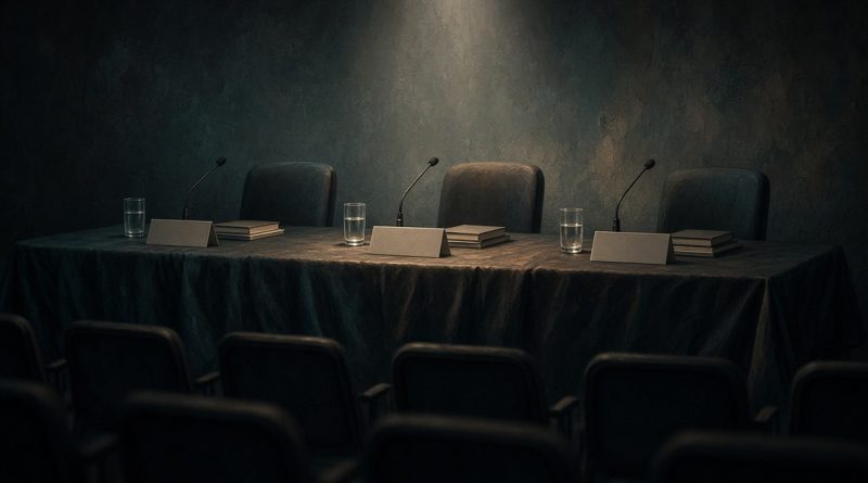 An empty convention panel table with three chairs, microphones, water glasses and blank name placards under a single spotlight.