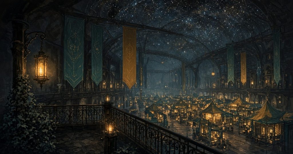 A starlit convention hall seen from a balcony, with glowing booths, lanterns and hanging banners.