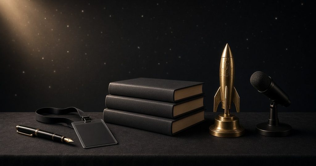An author signing table with a fountain pen, blank lanyard badge, stacked books, a brass rocket award and a microphone against a starry backdrop.