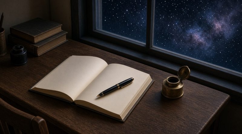 Open journal and fountain pen on a wooden desk beneath a window of stars — an editorial metaphor for a speculative fiction author identity hub.