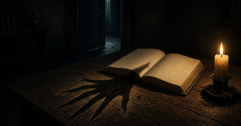 An open book with blank final pages on a candlelit desk, as a long clawed shadow creeps out of its spine toward the viewer and a dark doorway stands ajar behind.