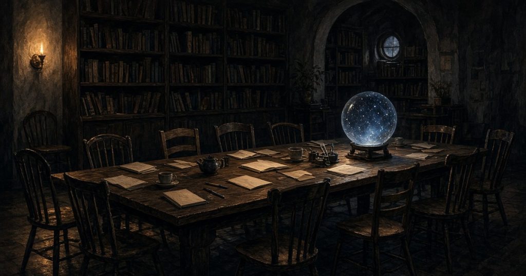 A long library table with empty chairs, notebooks, teacups and a glowing star globe, suggesting a writers community.